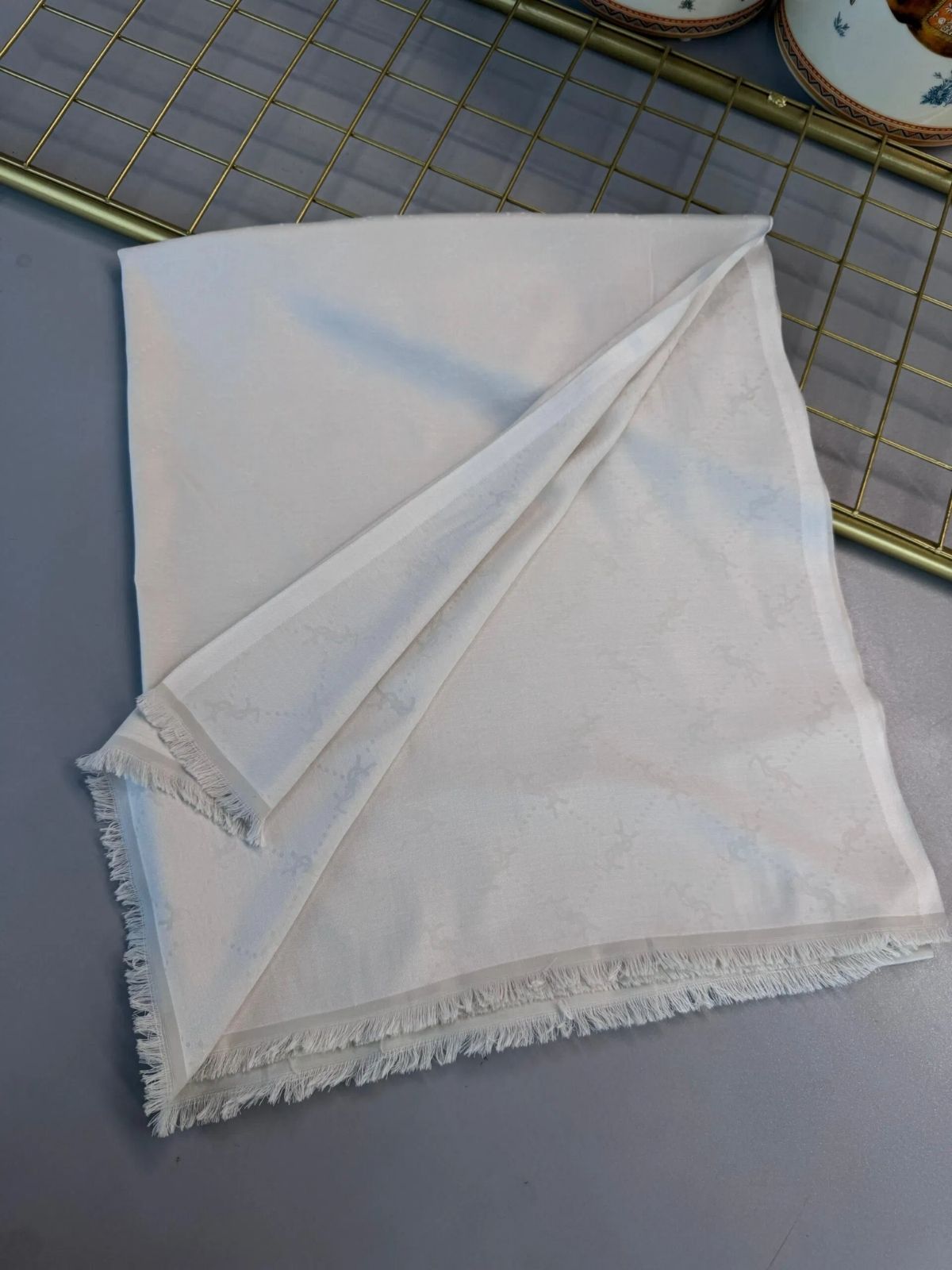 Ysl Desen Kendinden Dokulu Desenli İtalyan Şal-10010-Beyaz - Görsel 4