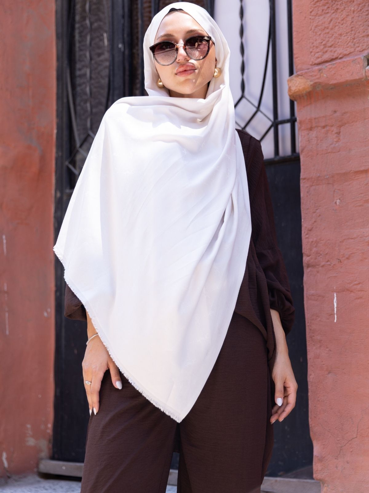 Ysl Desen Kendinden Dokulu Desenli İtalyan Şal-10010-Beyaz