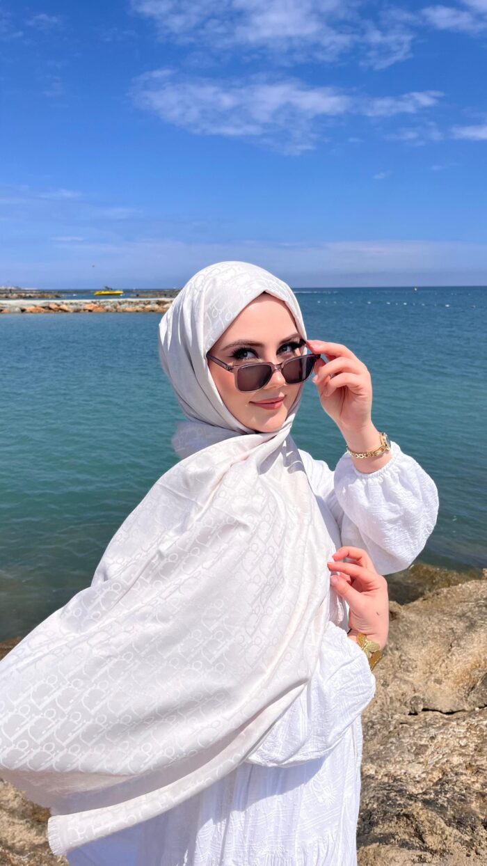 Dior Desenli İpek Kaşmir Çift Taraflı Şal 78002 - Ekru - Görsel 2