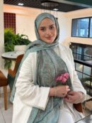 Touch Fourty Floral Desen Pamuk İpek Şal-202343-Su yeşili
