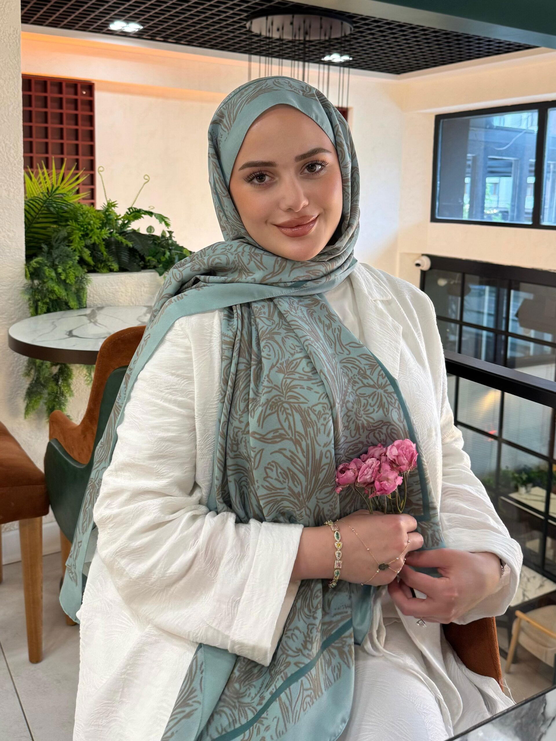 Fourty Floral Desen Pamuk İpek Şal-202343-Su yeşili