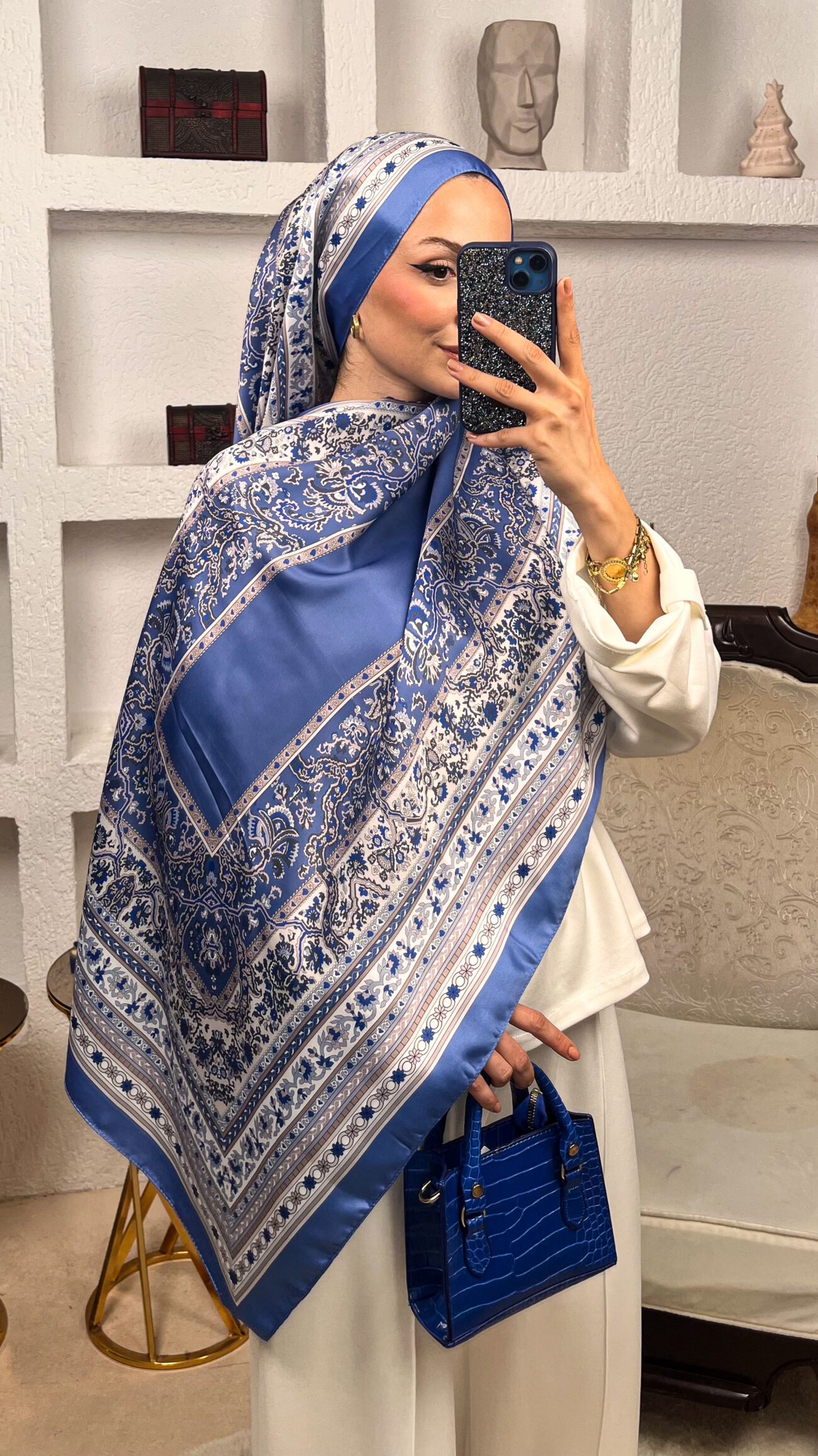 Etnik Desen Pamuk İpek Şal-456789-Bebe Mavisi - Görsel 2