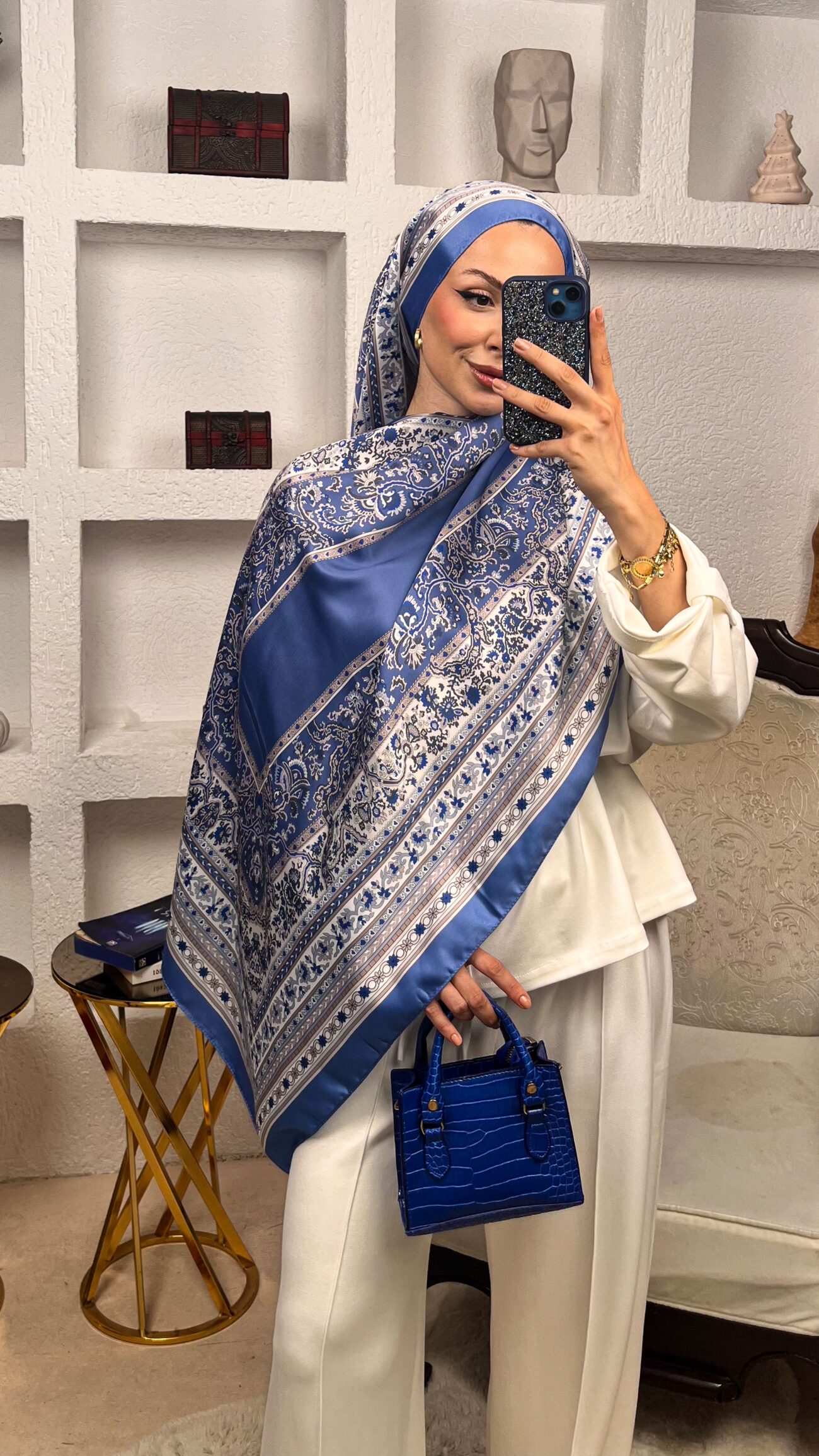 Etnik Desen Pamuk İpek Şal-456789-Bebe Mavisi - Görsel 3