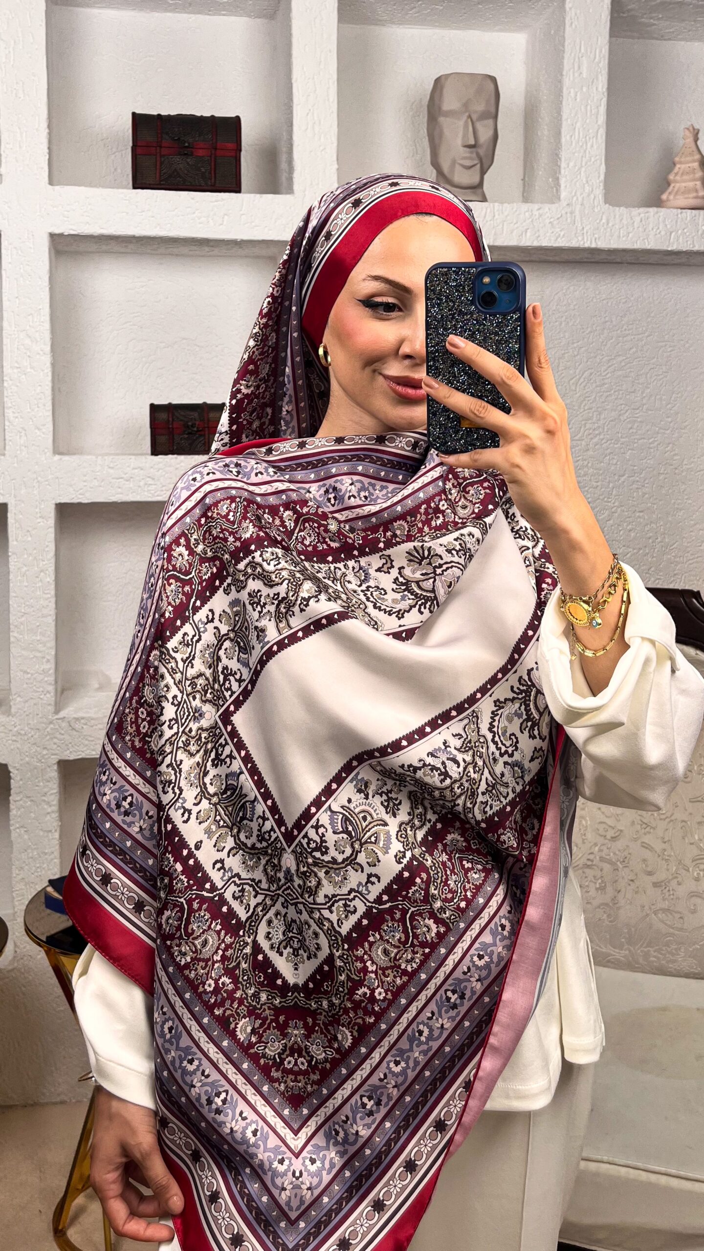 Etnik Desen  Pamuk İpek Şal-456789-Kırmızı - Görsel 2