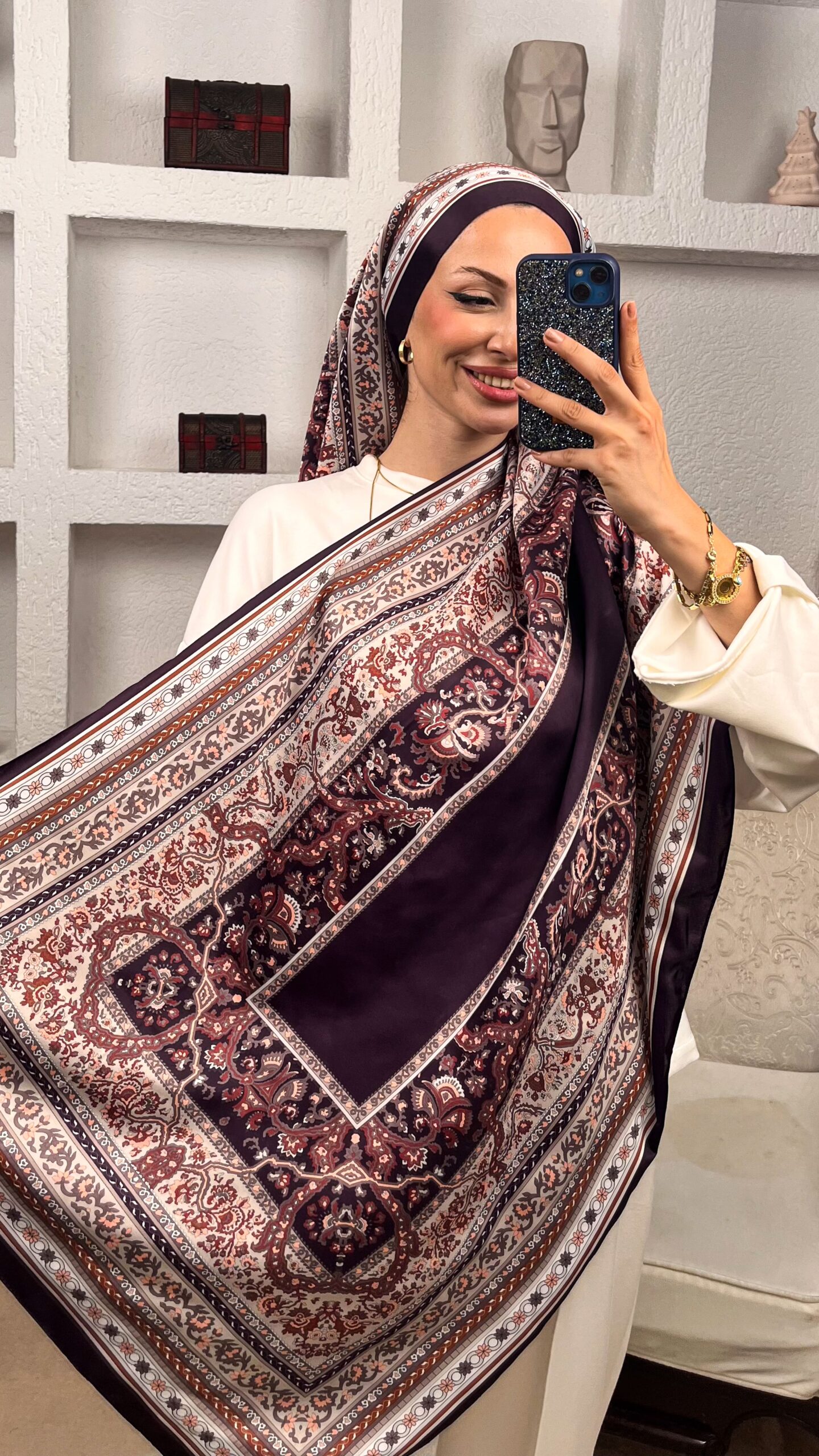 Etnik Desen  Pamuk İpek Şal-456789-Mürdüm