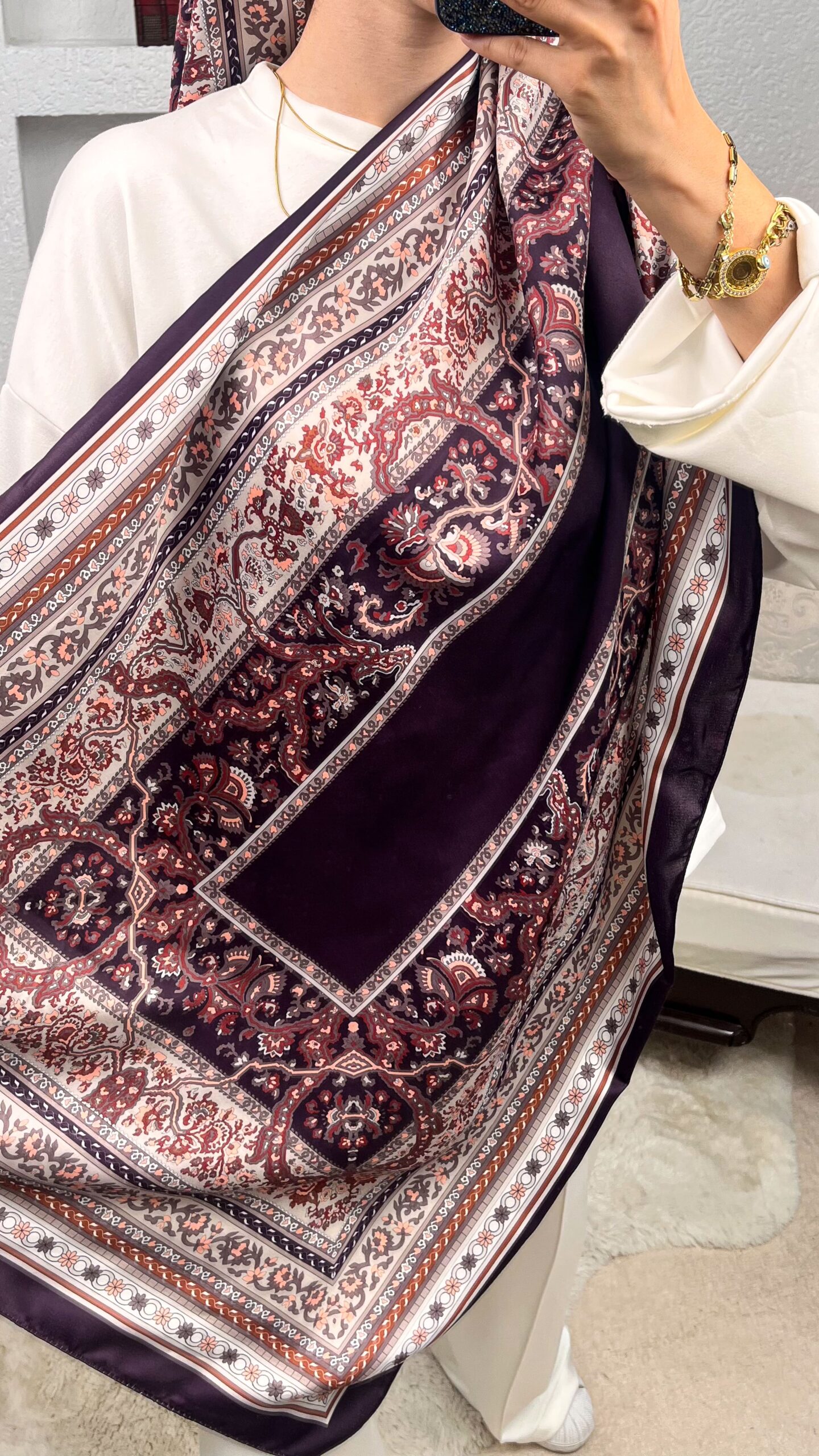 Etnik Desen  Pamuk İpek Şal-456789-Mürdüm - Görsel 2