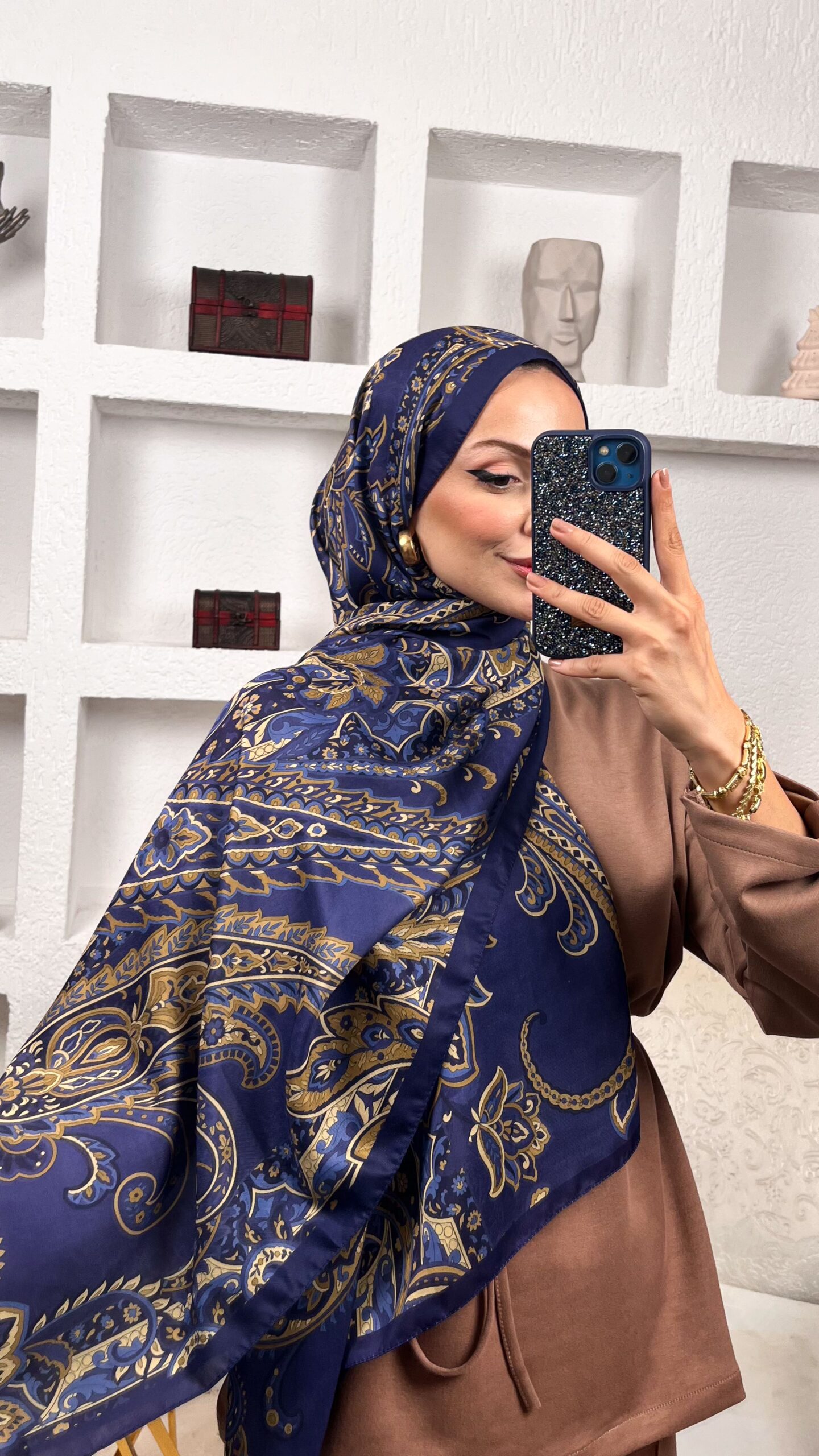 İnci Gecesi Desen Pamuk İpek Şal-10004-İNDİGO