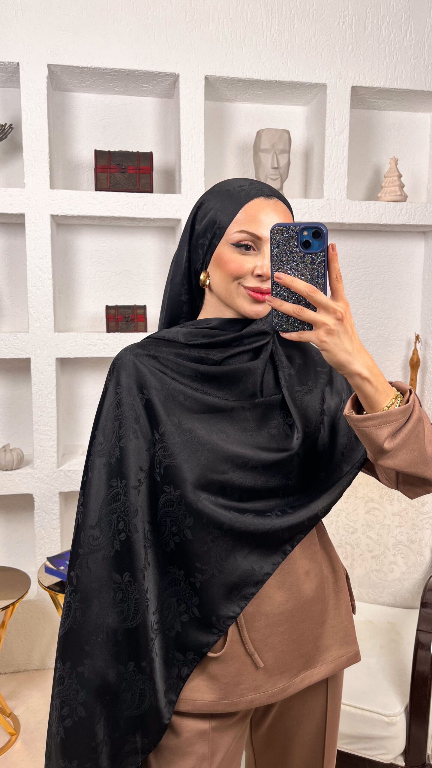 Lily Çiçek Desen Pamuk İpeksi Jakar Şal -52565-Siyah