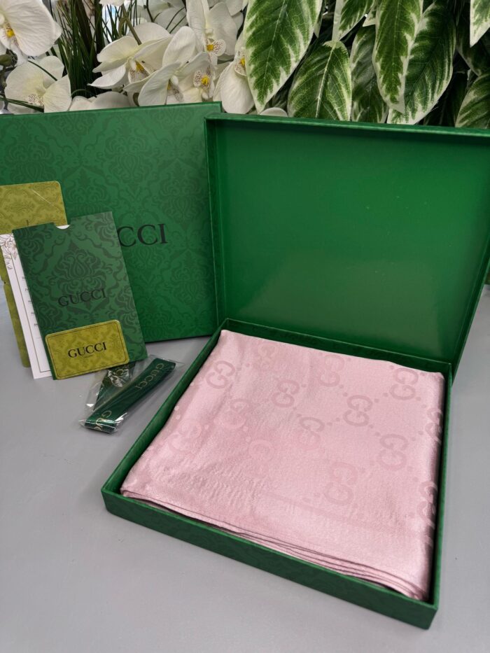Gucci İthal Yün  İpek Şal Tam Set Kutulu Sertifikalı-Pudra - Görsel 3