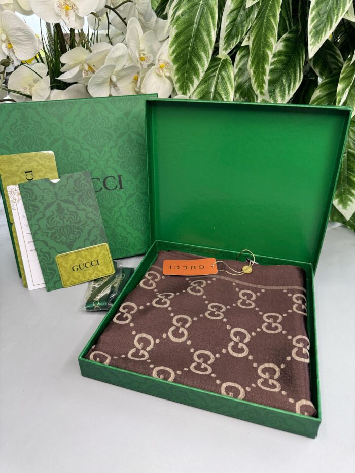 Gucci İthal Yün  İpek Şal Tam Set Kutulu Sertifikalı-Kahve - Görsel 2