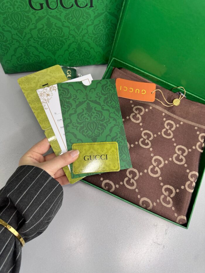Gucci İthal Yün  İpek Şal Tam Set Kutulu Sertifikalı-Kahve - Görsel 3