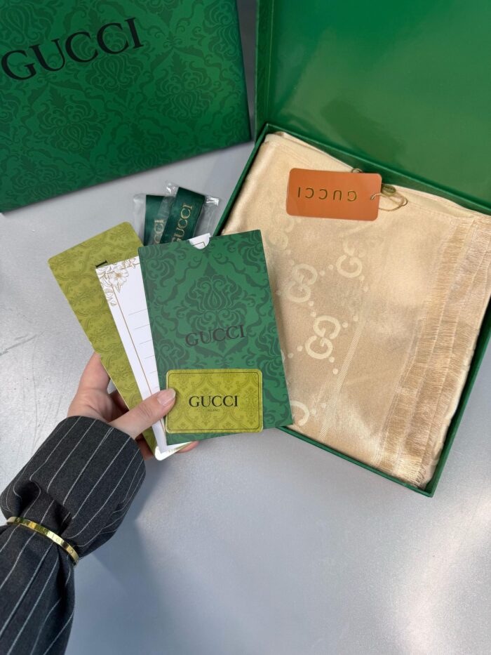 Gucci İthal Yün  İpek Şal Tam Set Kutulu Sertifikalı-Gold - Görsel 3