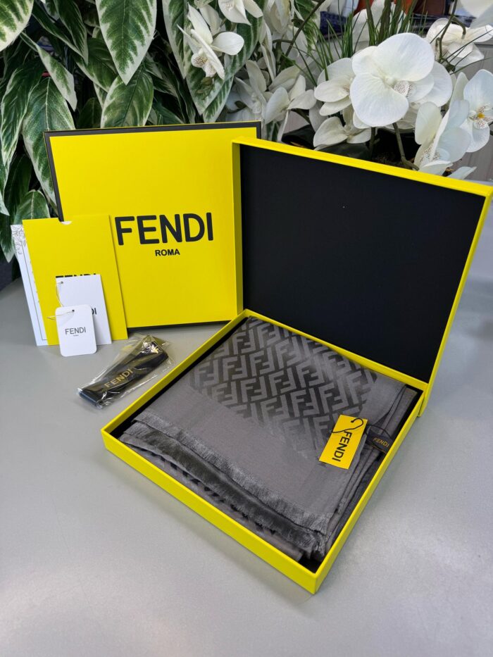 Fendi  İthal Yün  İpek Şal Tam Set Kutulu Sertifikalı-Antrasit - Görsel 2
