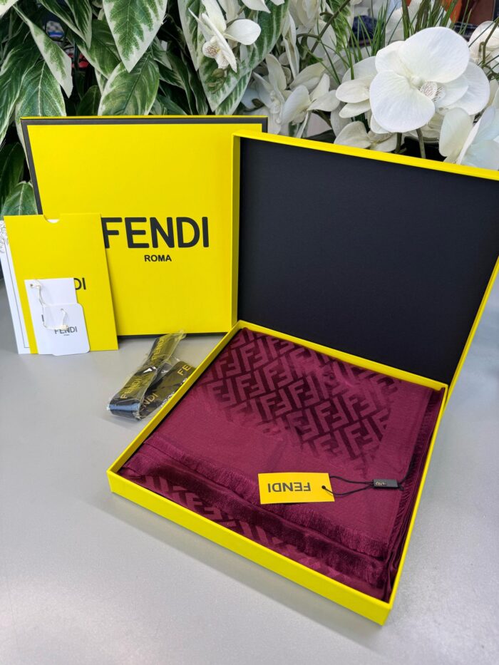Fendi  İthal Yün  İpek Şal Tam Set Kutulu Sertifikalı-Bordo - Görsel 3