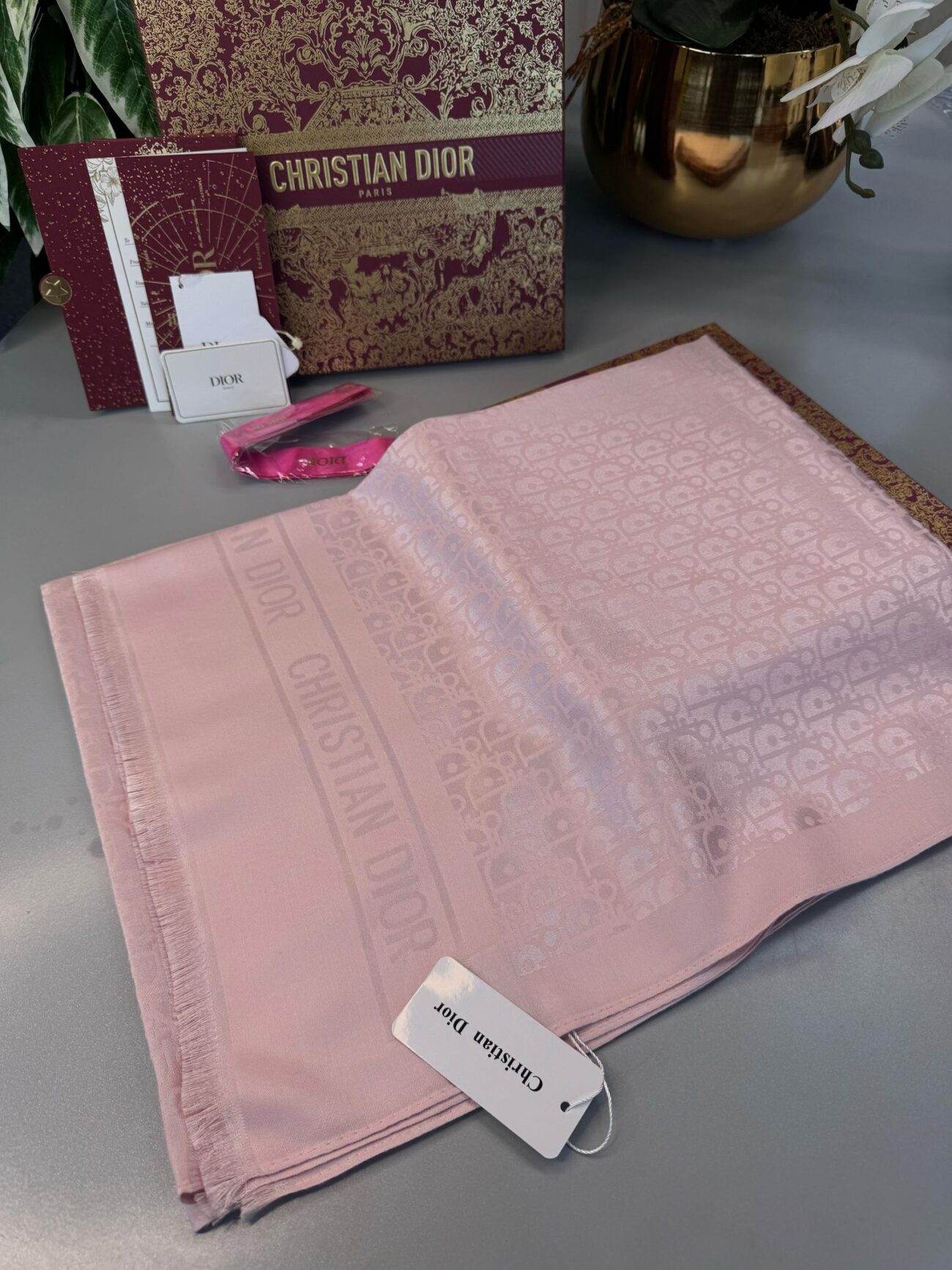 Dior  İthal Yün  İpek Şal Tam Set Kutulu Sertifikalı-Pudra
