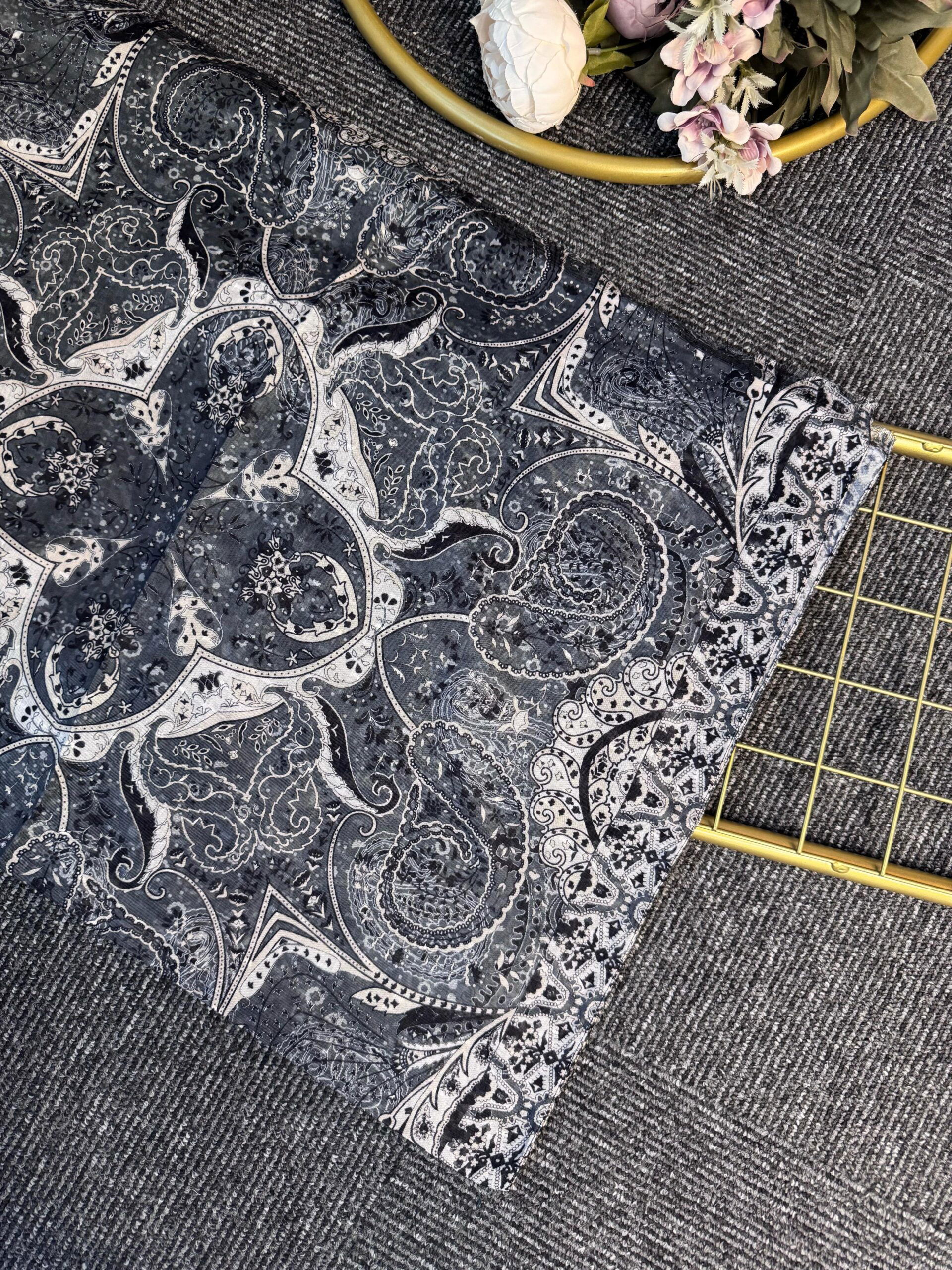 Miras Paisley  Doğal Pamuk Şal-Pamuk Şekeri -Gece Mavi