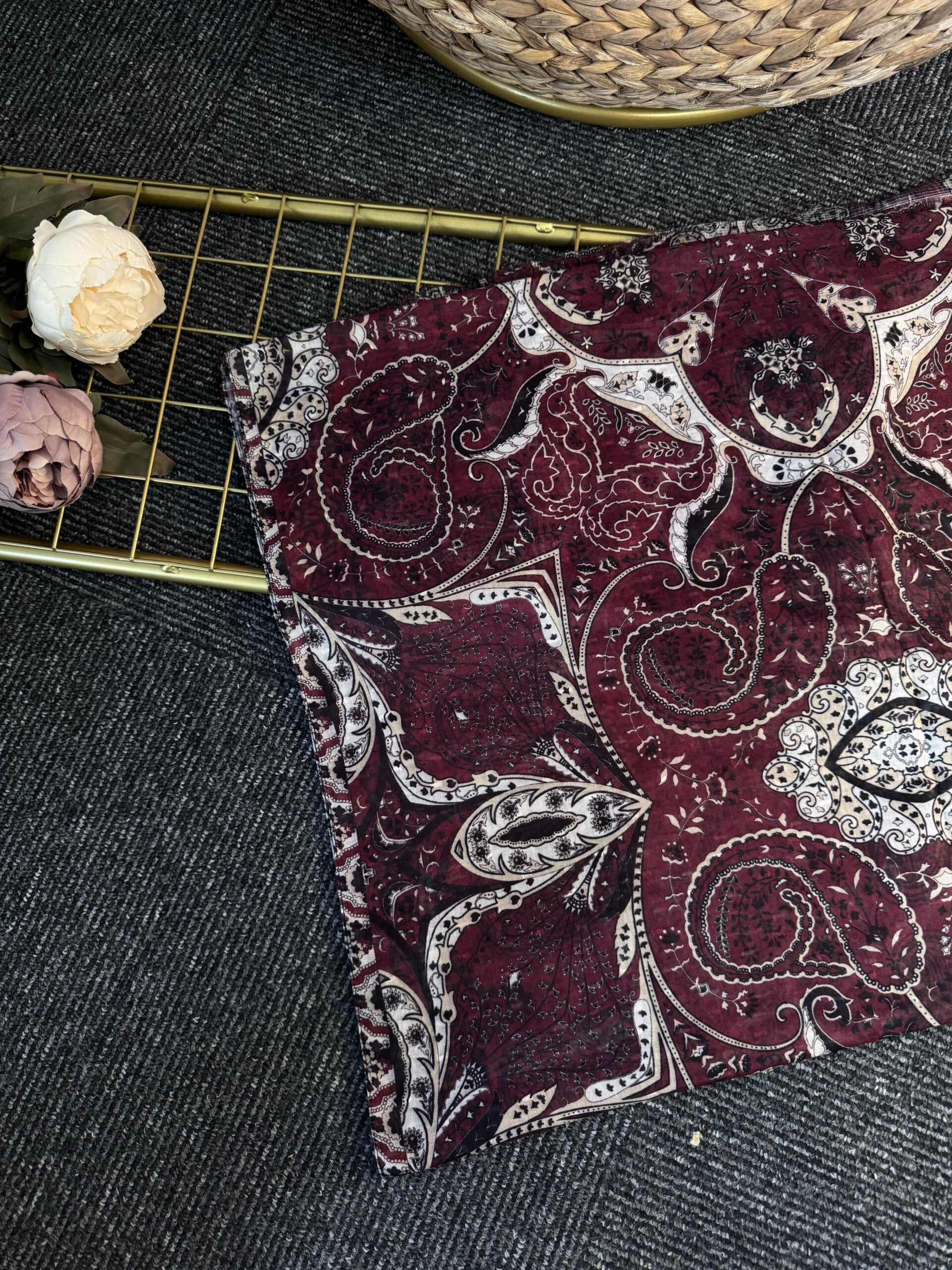 Miras Paisley Doğal Pamuk Şal-Pamuk Şekeri -Vişne