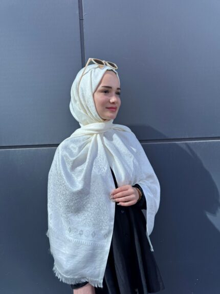 Sedef  Desen Kendinden Dokulu Çift Taraflı Şal-40000-Ekru