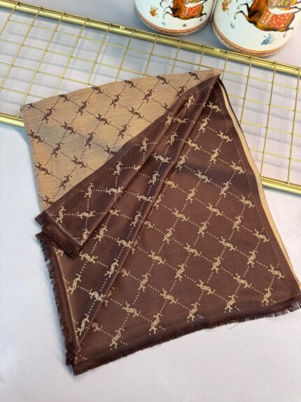 Ysl  Desen Kendinden Dokulu Desenli İtalyan Şal-10010-Kahve