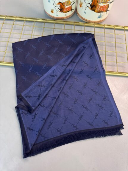 Ysl  Desen Kendinden Dokulu Desenli İtalyan Şal-10010-Lacivert