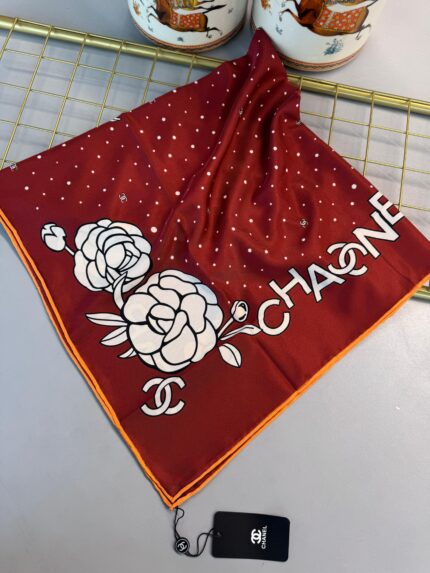 İthal Chanel   Marka ipek  Eşarp-08506-Kırmızı