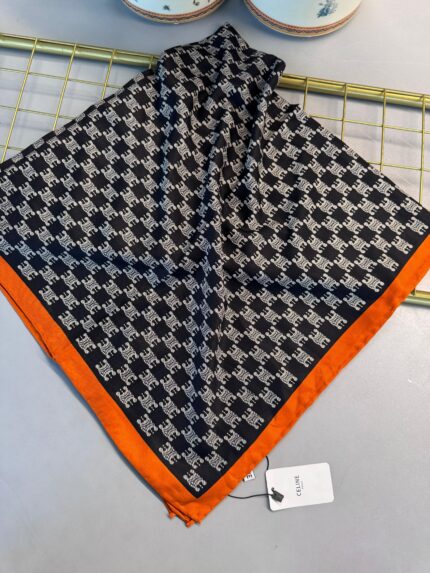 İthal Celine    Marka ipek  Eşarp-08507-Oranj-Siyah