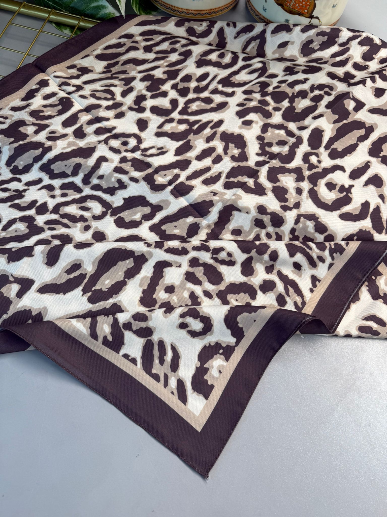 Leopare Desen Pamuk İpek Şal-6202761-Kestane