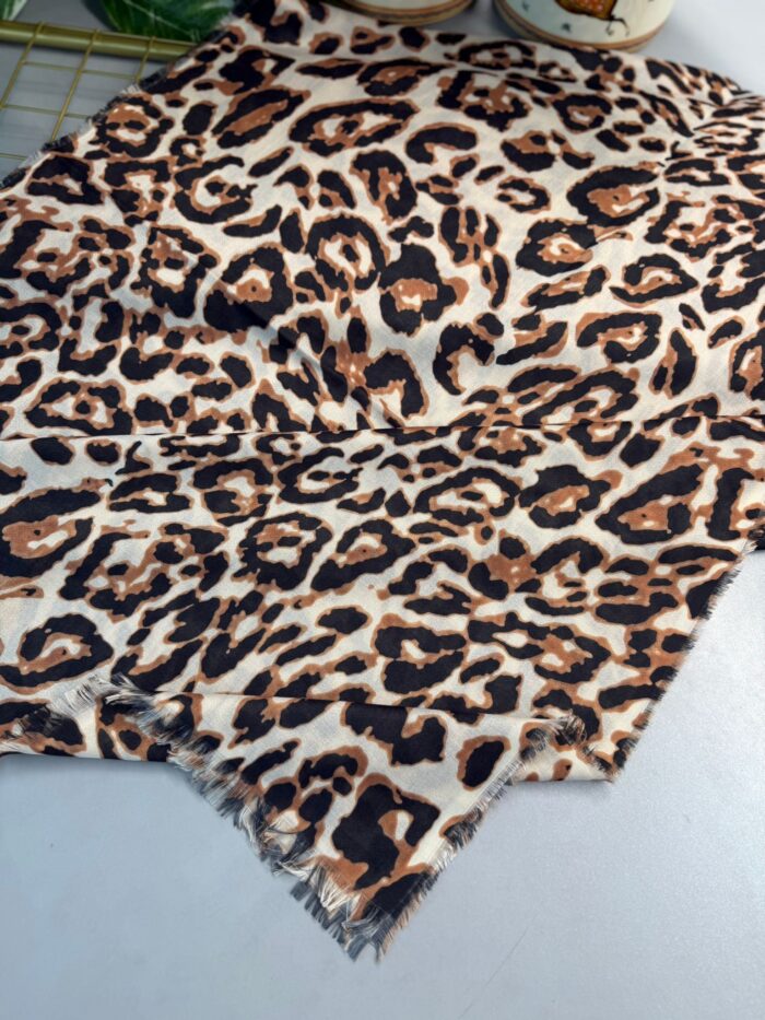 Ala Leopar Desen Naturel Pamuk Şal-Camel