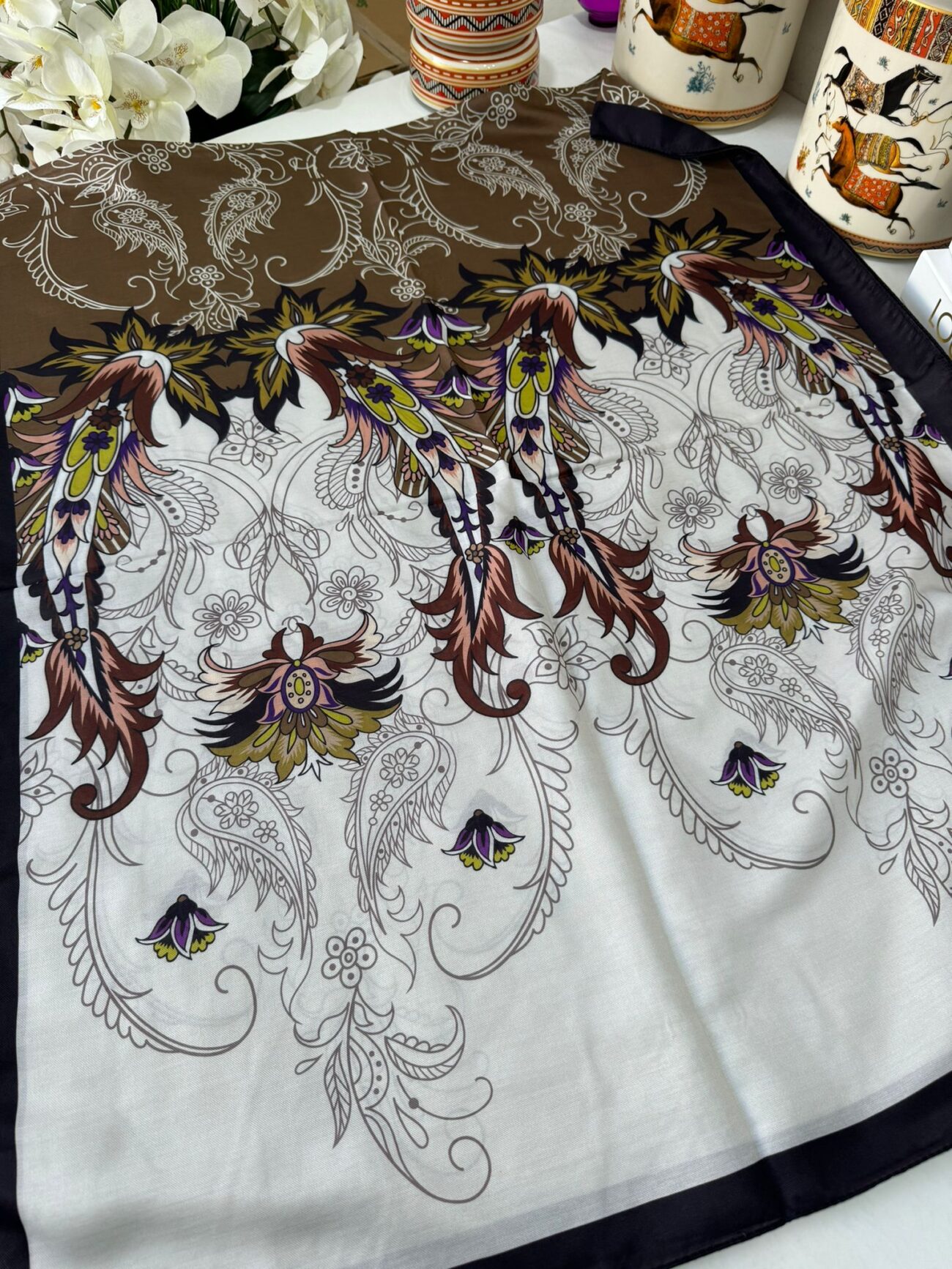 Etnik Desen Pamuk İpek Şal - siyah/ haki