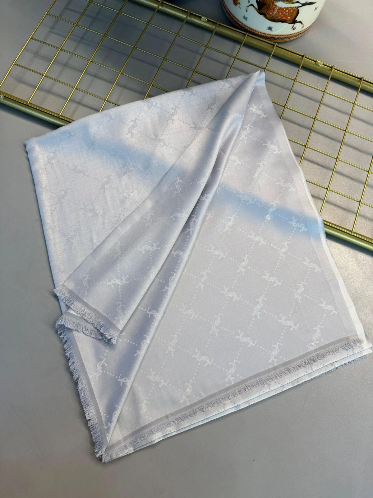 Ysl Desen Kendinden Dokulu Desenli İtalyan Şal-10010-Gümüş - Görsel 5