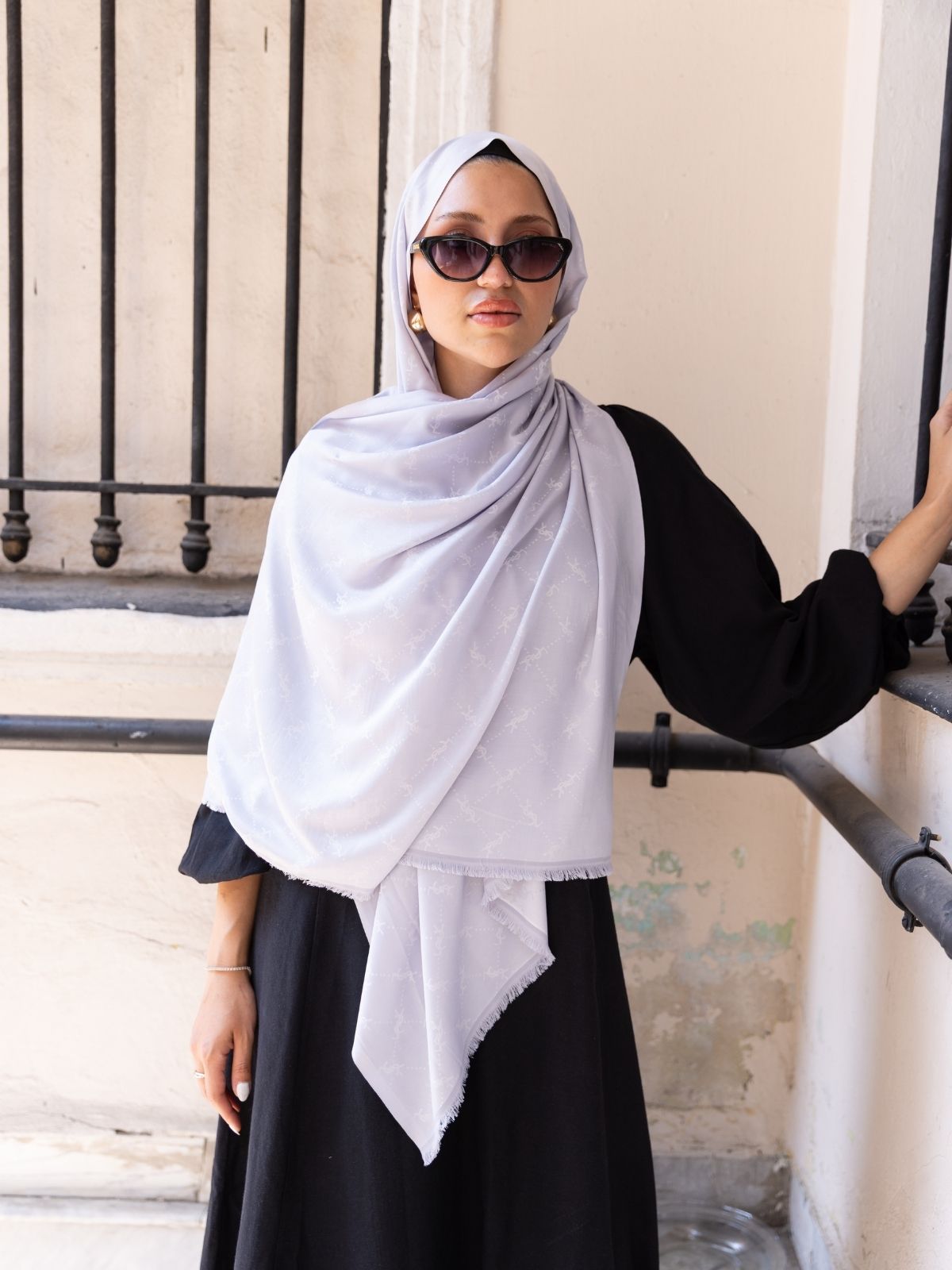 Ysl Desen Kendinden Dokulu Desenli İtalyan Şal-10010-Gümüş - Görsel 4