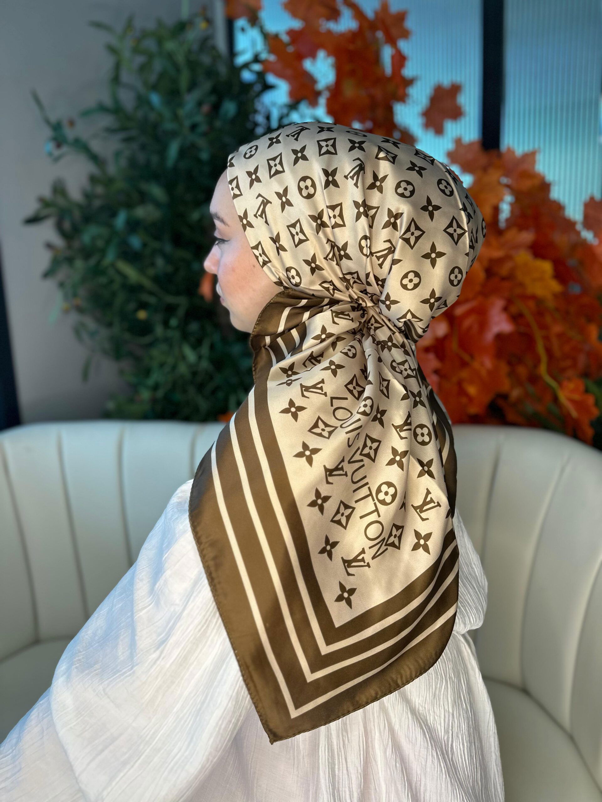 Lv Desen Vual İpek Eşarp-6204527-Karamel Kahve