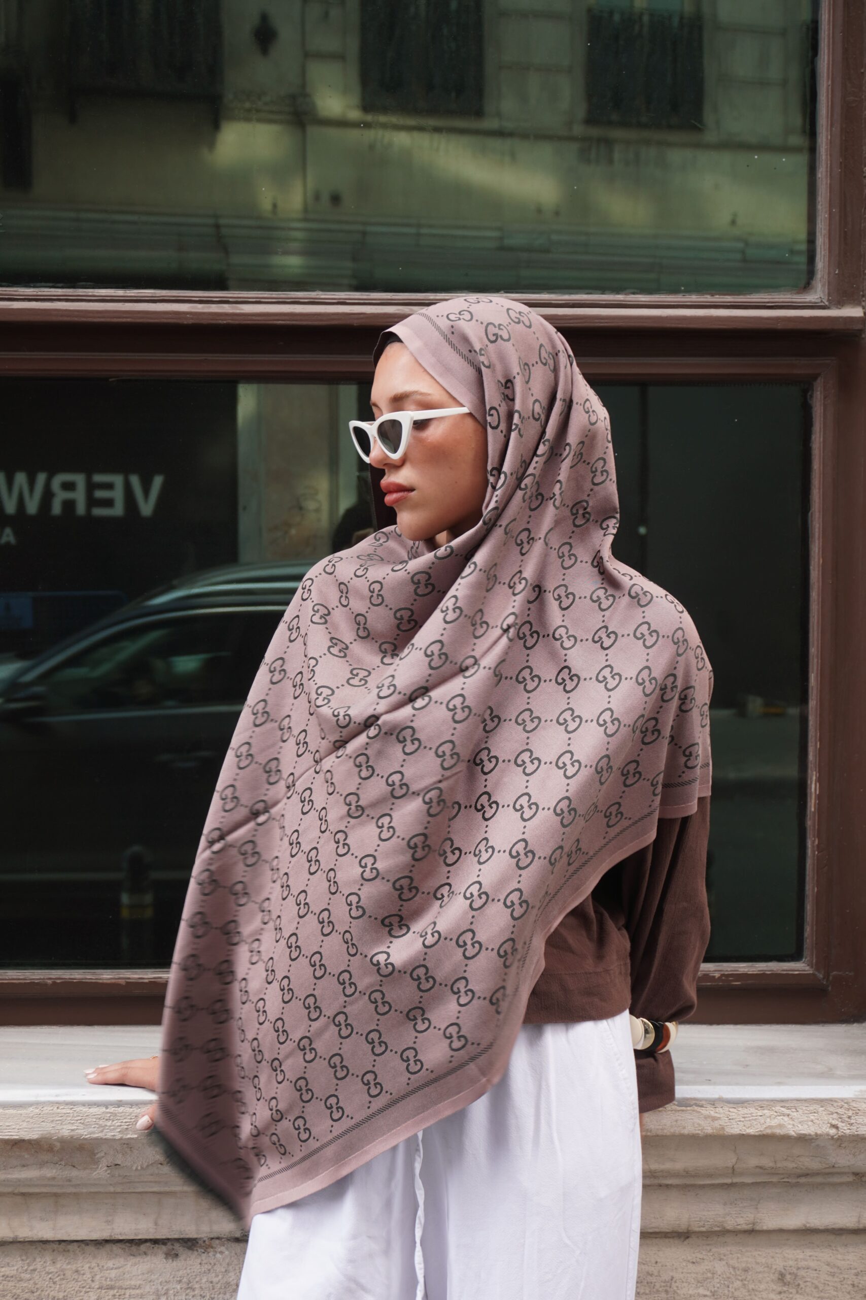 G Desenli İpek Kaşmir Çift Taraflı Şal 440344 - Vizon Siyah - Görsel 4