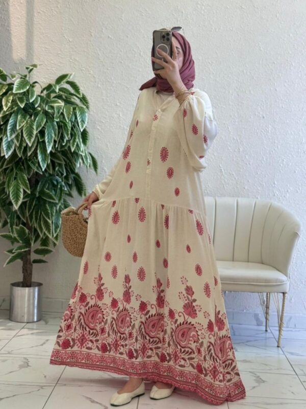 Çini Border Desen Elbise – Kiraz Çiçeği