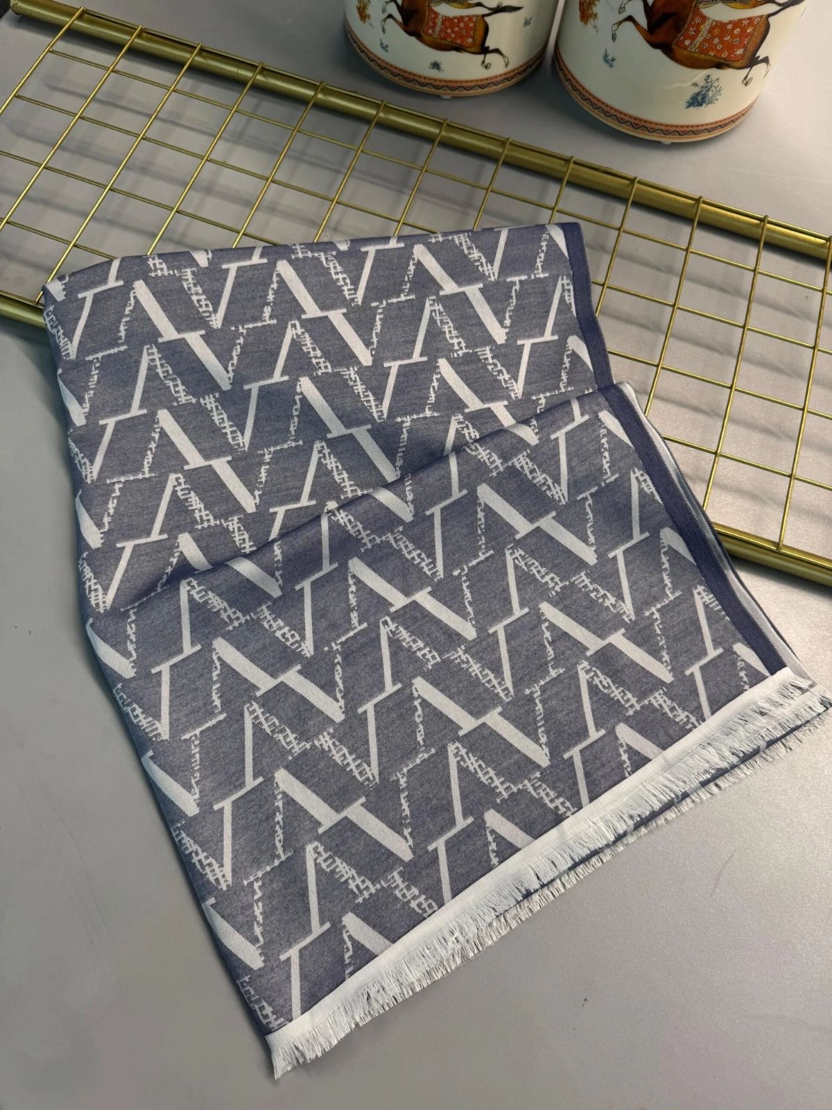 Valentino Çift Taraflı İtalyan Pamuk İpek Şal 44117 - Kot Mavi - Görsel 6