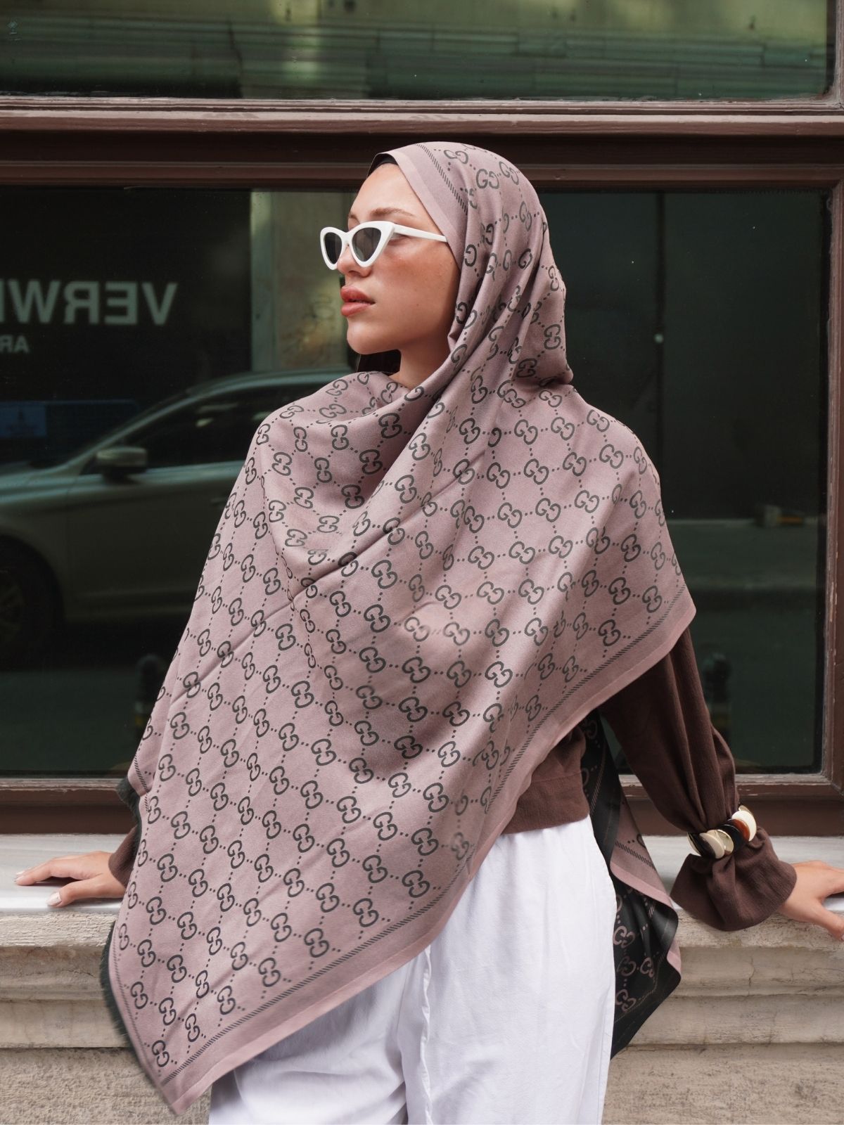 G Desenli İpek Kaşmir Çift Taraflı Şal 440344 - Vizon Siyah