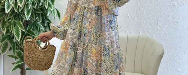 Paisley Esintisi Elbise - Şeftali