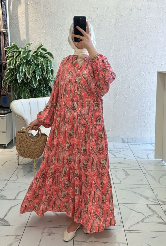 Coral Paisley Maxi Elbise L1009 – Narçiçeği