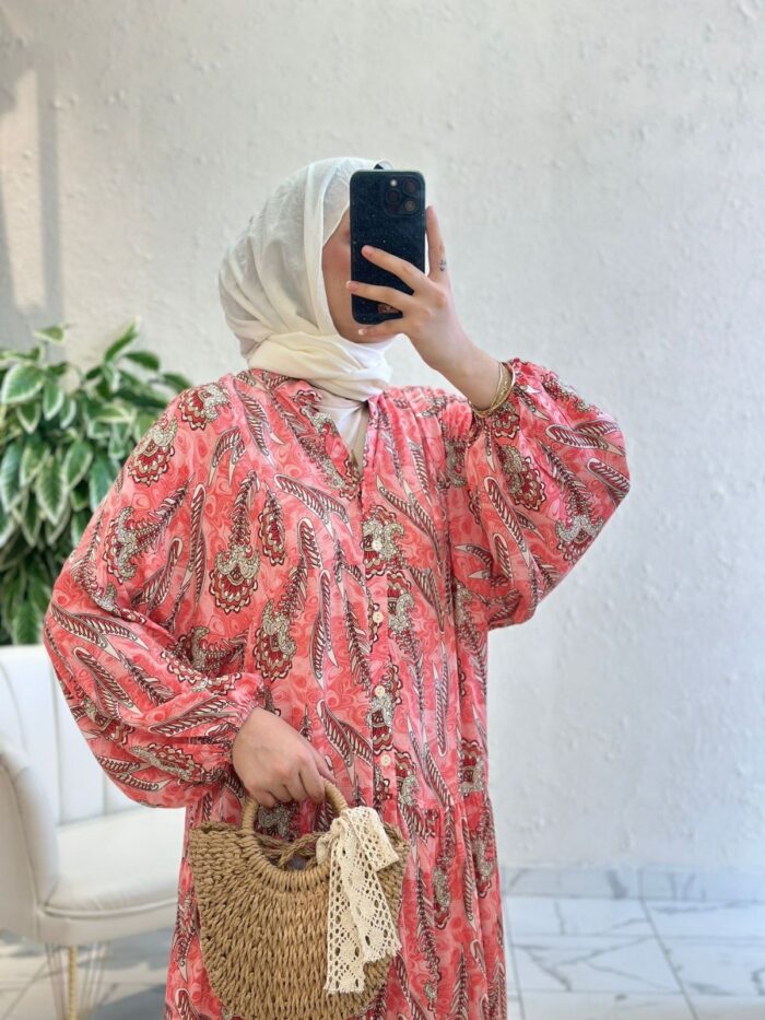 Coral Paisley Maxi Elbise L1009 - Narçiçeği - Görsel 2