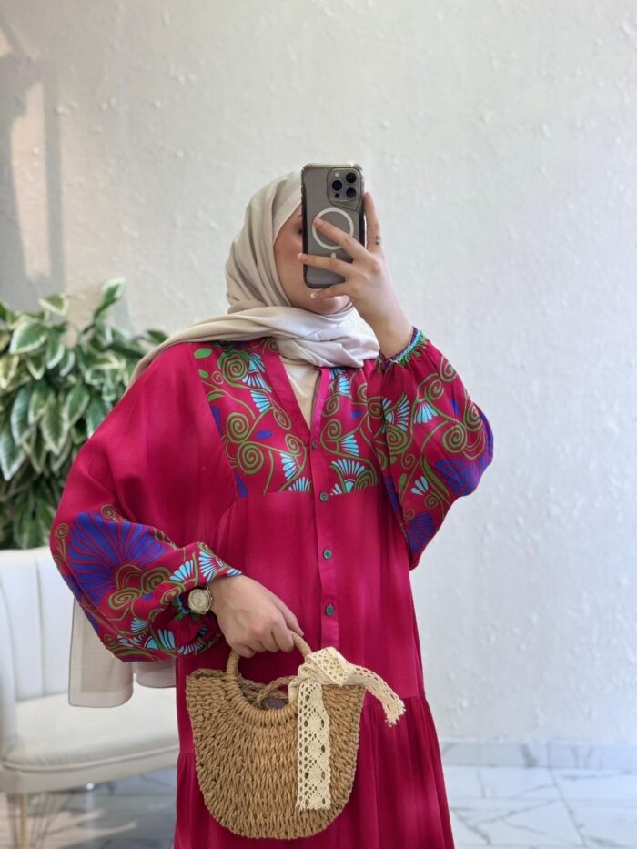 Gonca Motif Desen Elbise L10023 - Şeker Pembe - Görsel 2