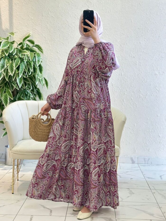 Etnik Desen Elbise L10035 - Vişne
