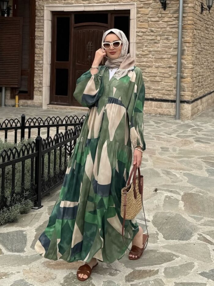 Panaroma Desen Elbise L10052 -  Yaprak Yeşili - Görsel 3