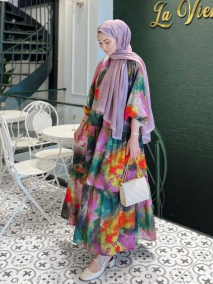 Banella Batik Desen Elbise L10072 - Renk Fırtınası