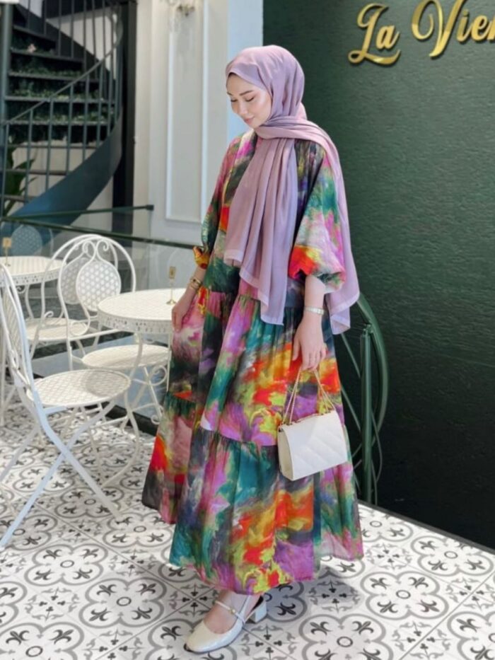 Banella Batik Desen Elbise L10072 - Renk Fırtınası