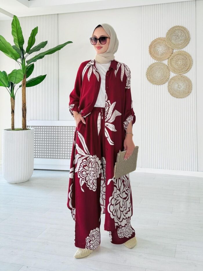 Çiçek Desen İkili Takım TK10077 - Derin Bordo - Görsel 2