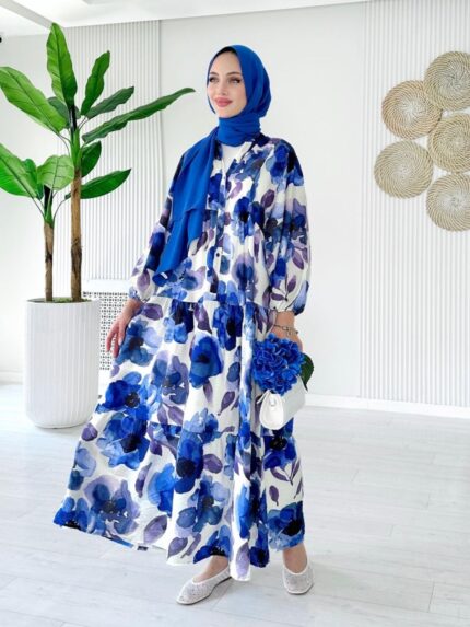 Forest Bloom Katlı Elbise L10088 - Okyanus Mavi