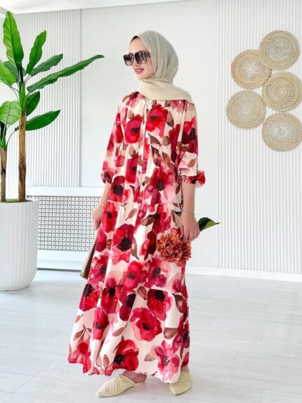 Forest Bloom Katlı Elbise L10089 - Vişne
