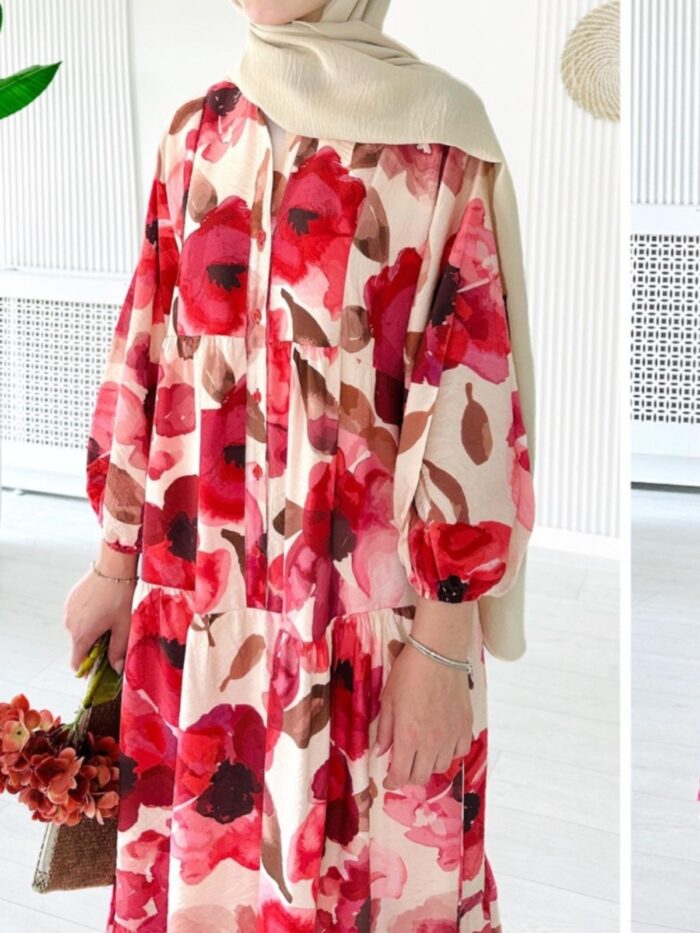 Forest Bloom Katlı Elbise L10089 - Vişne - Görsel 2