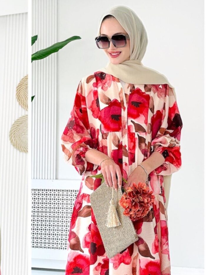 Forest Bloom Katlı Elbise L10089 - Vişne - Görsel 3