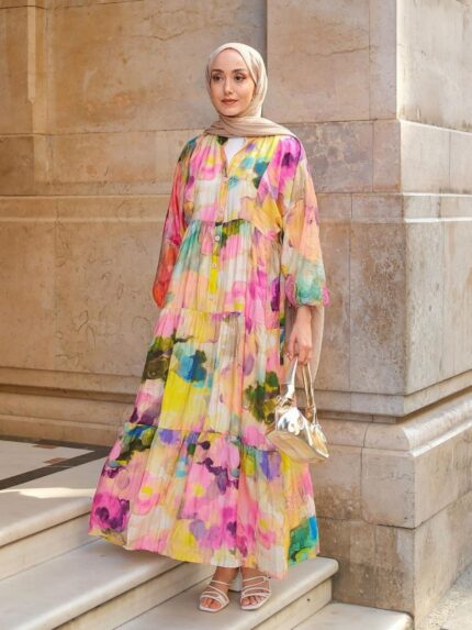 Soyut Desen Elbise L10094 - Pastel - M